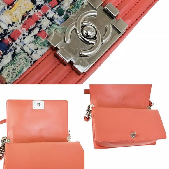 CHANEL CC Logo Boy Chain Shoulder Bag Tweed Leather Orange SHW France 332RK838 - Picture 7 of 16